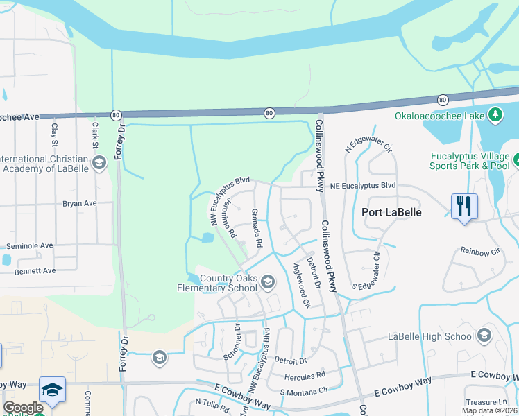 map of restaurants, bars, coffee shops, grocery stores, and more near 2006 Detroit Drive in LaBelle
