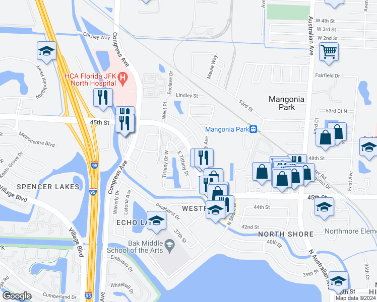 map of restaurants, bars, coffee shops, grocery stores, and more near 203 Tiffany Drive East in West Palm Beach