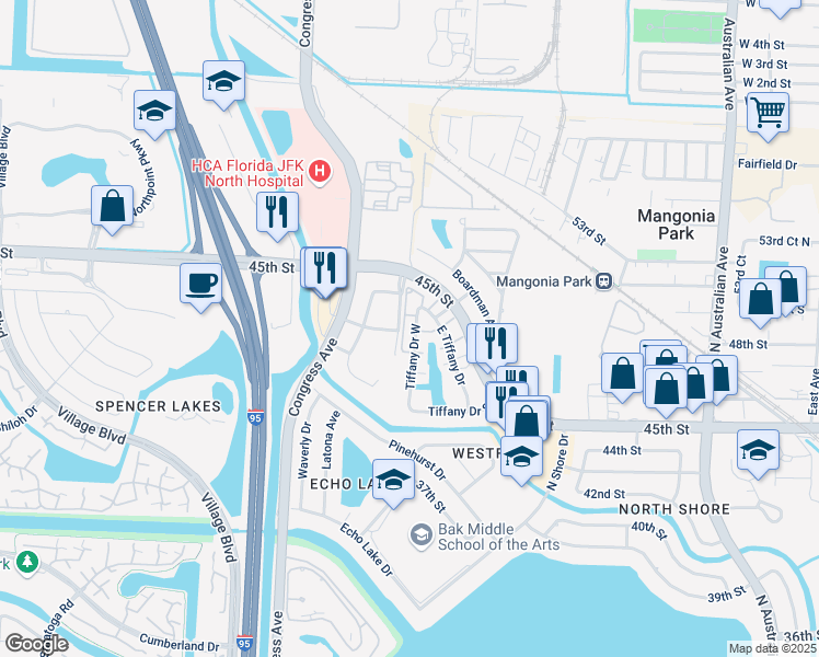 map of restaurants, bars, coffee shops, grocery stores, and more near 107 Tiffany Drive West in West Palm Beach