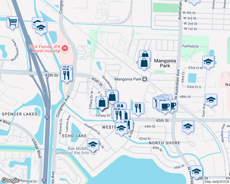 map of restaurants, bars, coffee shops, grocery stores, and more near 5000 Jeffery Avenue in West Palm Beach