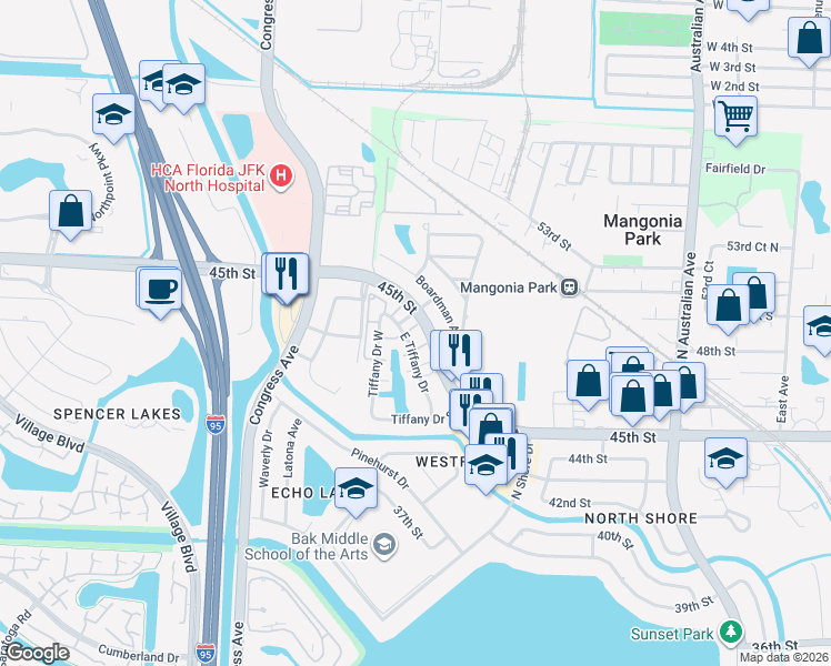 map of restaurants, bars, coffee shops, grocery stores, and more near 203 Tiffany Drive East in West Palm Beach