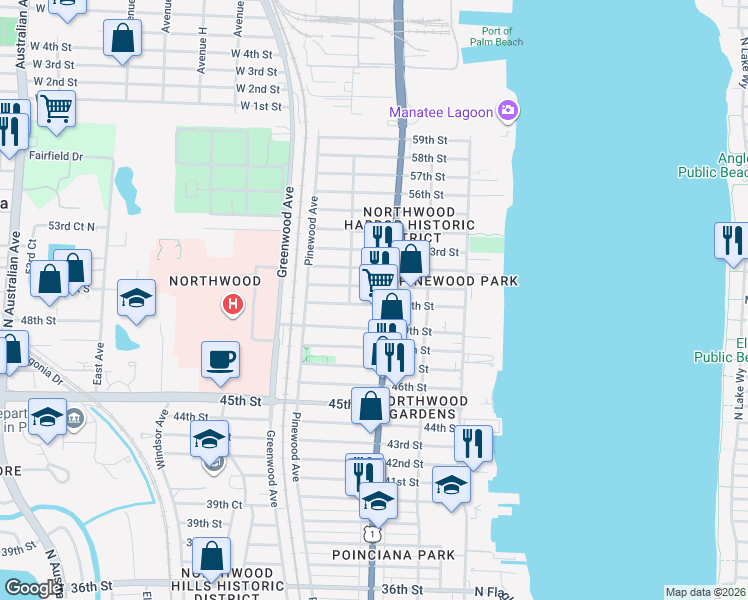 map of restaurants, bars, coffee shops, grocery stores, and more near 615 50th Street in West Palm Beach