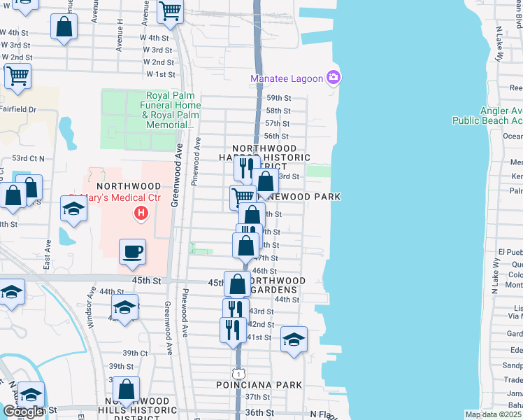 map of restaurants, bars, coffee shops, grocery stores, and more near 523 50th Street in West Palm Beach