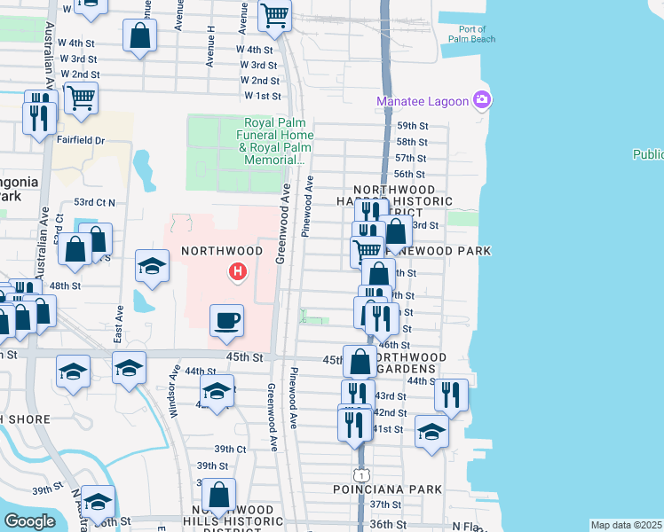 map of restaurants, bars, coffee shops, grocery stores, and more near 711 50th St in West Palm Beach
