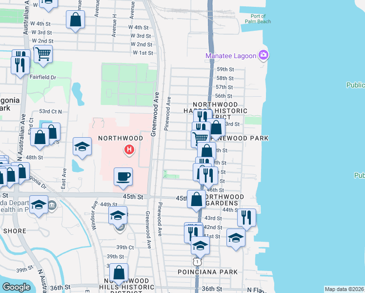 map of restaurants, bars, coffee shops, grocery stores, and more near 707 50th Street in West Palm Beach