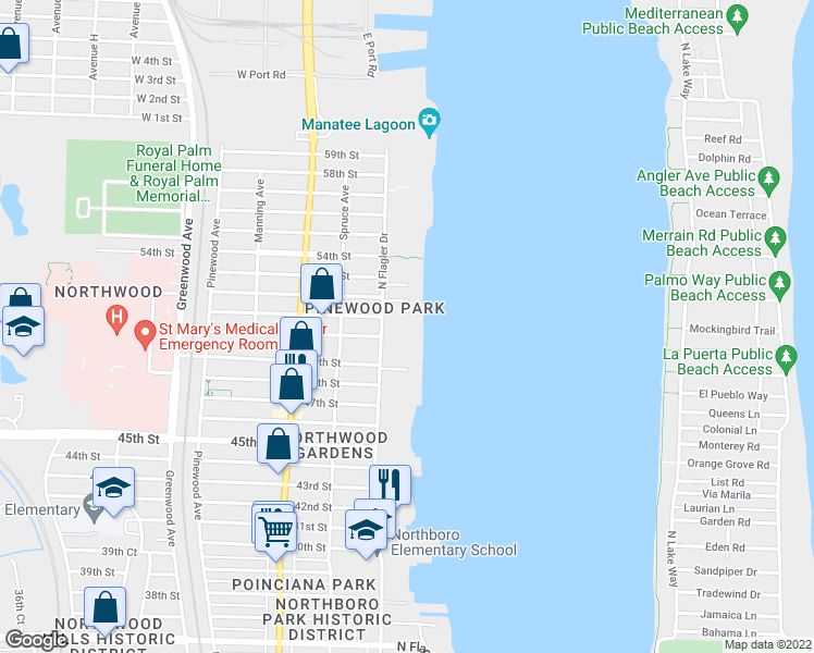 map of restaurants, bars, coffee shops, grocery stores, and more near 5200 North Flagler Drive in West Palm Beach