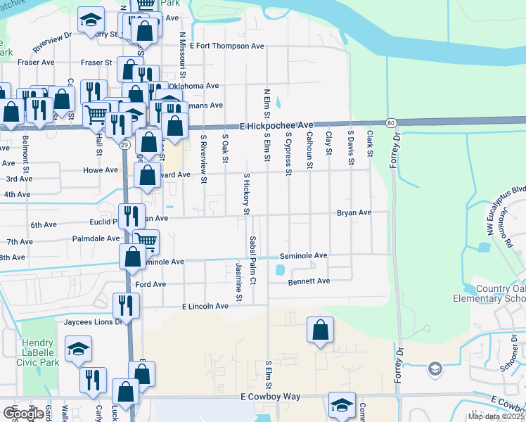 map of restaurants, bars, coffee shops, grocery stores, and more near 484 Bryan Avenue in LaBelle