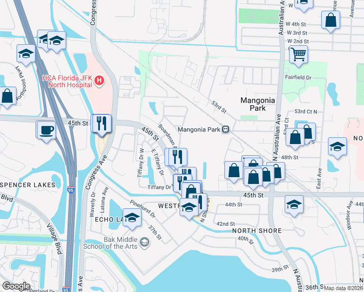 map of restaurants, bars, coffee shops, grocery stores, and more near 5000 Jeffery Avenue in West Palm Beach