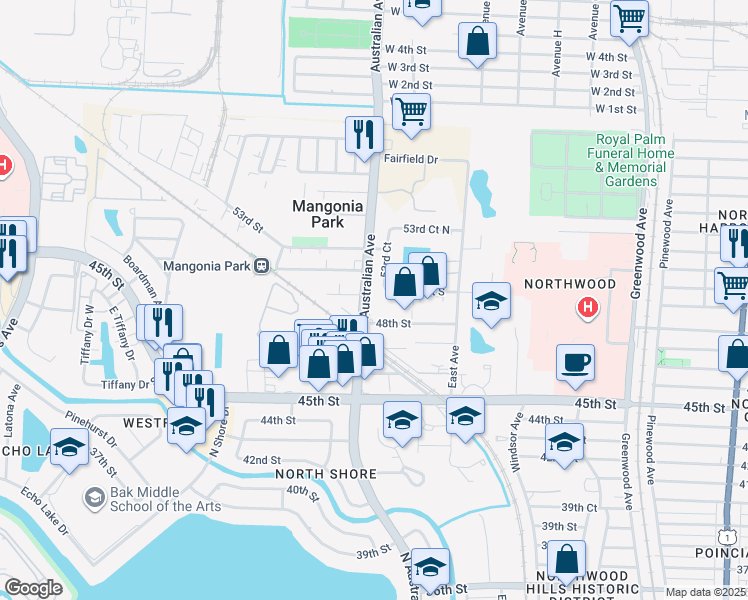 map of restaurants, bars, coffee shops, grocery stores, and more near 5000 North Australian Avenue in West Palm Beach