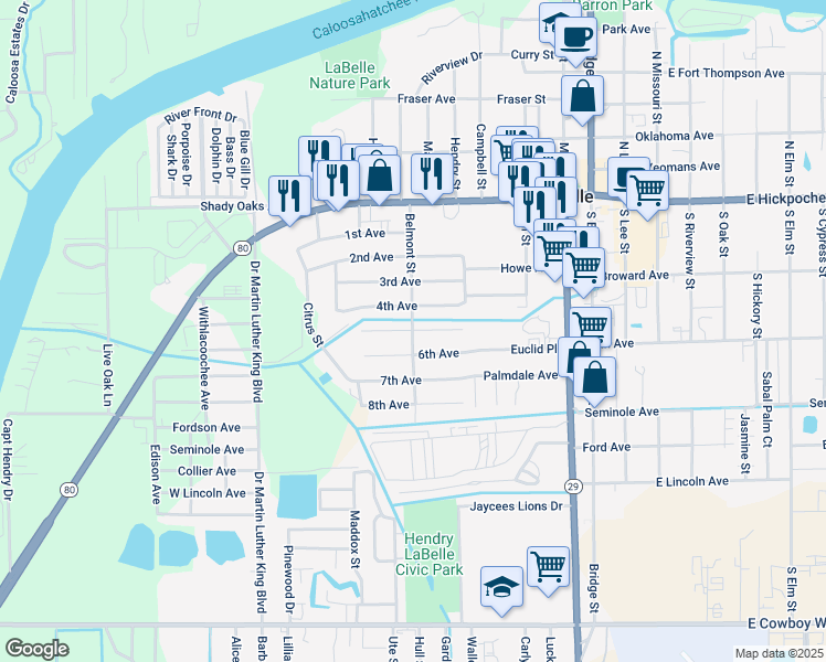 map of restaurants, bars, coffee shops, grocery stores, and more near 430 5th Avenue in LaBelle