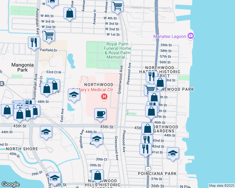 map of restaurants, bars, coffee shops, grocery stores, and more near 5205 Greenwood Avenue in West Palm Beach