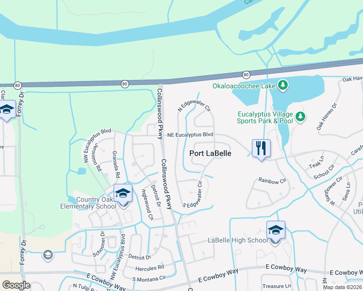 map of restaurants, bars, coffee shops, grocery stores, and more near 4006 South Edgewater Circle in LaBelle