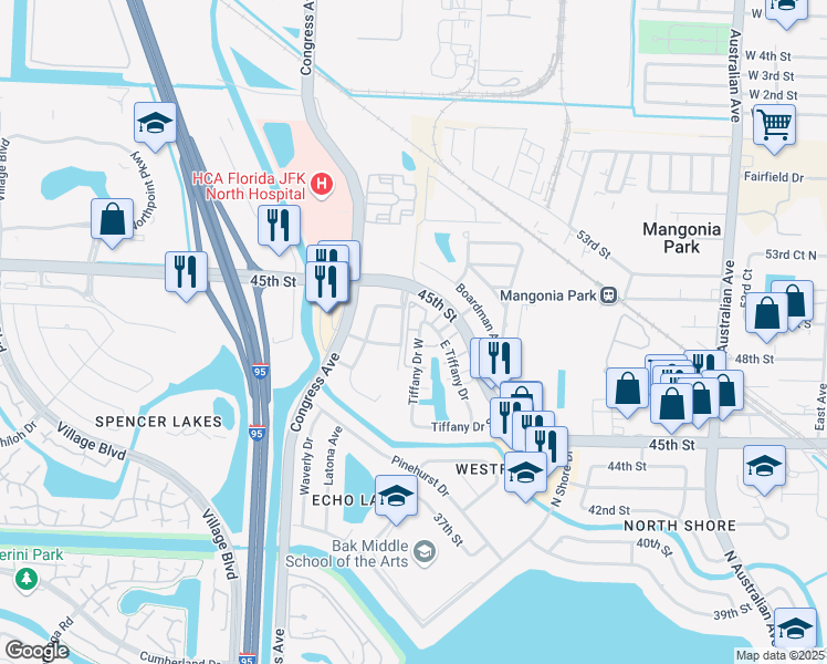 map of restaurants, bars, coffee shops, grocery stores, and more near 808 Tiffany Drive West in West Palm Beach