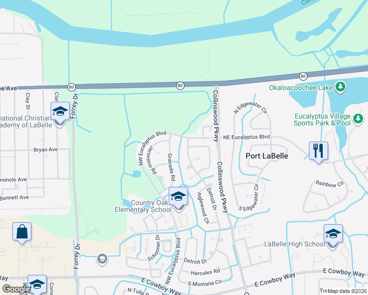 map of restaurants, bars, coffee shops, grocery stores, and more near 2006 Detroit Drive in LaBelle