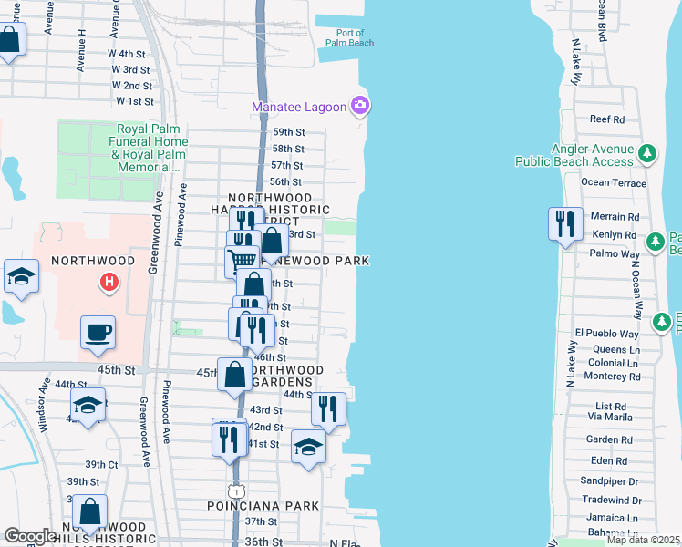 map of restaurants, bars, coffee shops, grocery stores, and more near 5200 North Flagler Drive in West Palm Beach