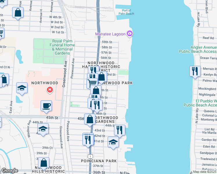map of restaurants, bars, coffee shops, grocery stores, and more near in West Palm Beach