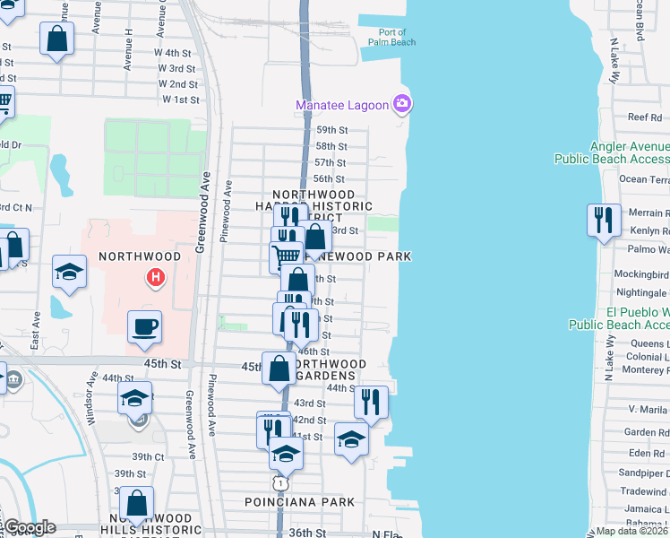 map of restaurants, bars, coffee shops, grocery stores, and more near in West Palm Beach