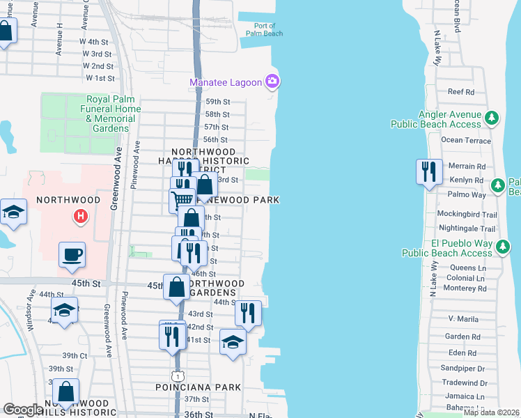 map of restaurants, bars, coffee shops, grocery stores, and more near 5200 North Flagler Drive in West Palm Beach