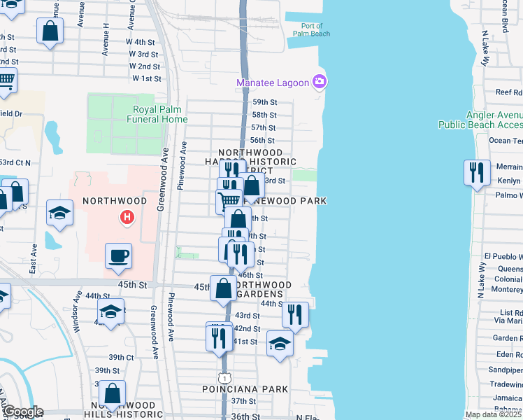 map of restaurants, bars, coffee shops, grocery stores, and more near in West Palm Beach