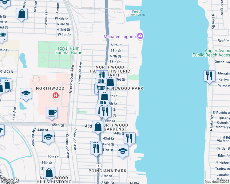 map of restaurants, bars, coffee shops, grocery stores, and more near in West Palm Beach