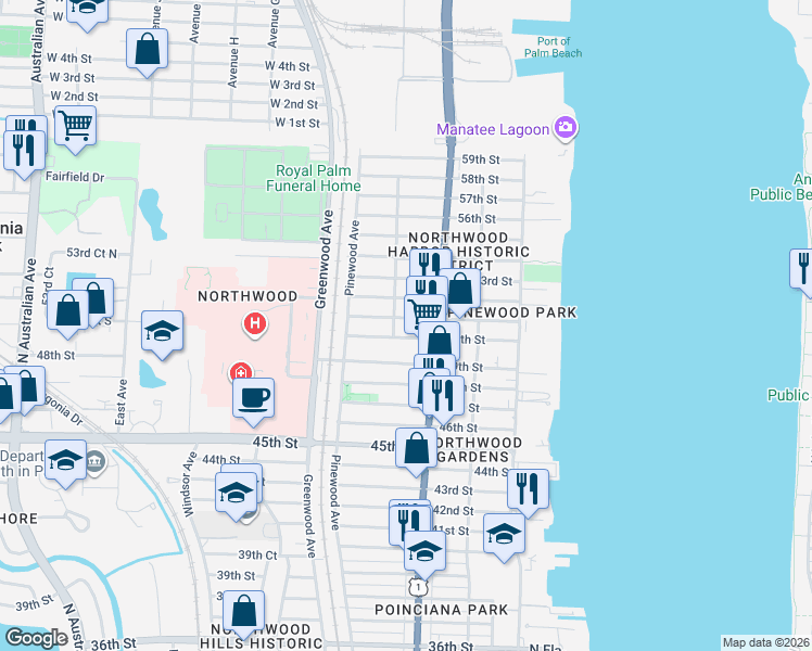 map of restaurants, bars, coffee shops, grocery stores, and more near 615 50th Street in West Palm Beach