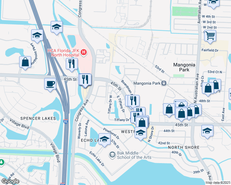 map of restaurants, bars, coffee shops, grocery stores, and more near 107 Tiffany Drive West in West Palm Beach