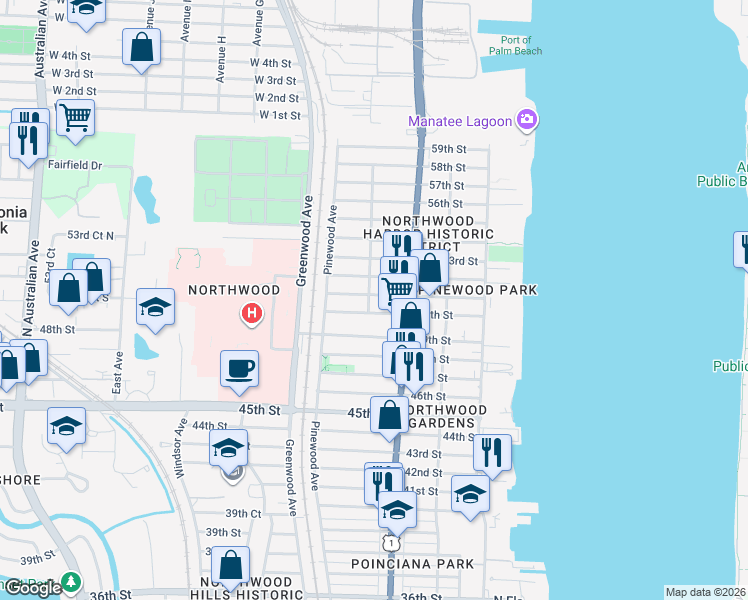 map of restaurants, bars, coffee shops, grocery stores, and more near 615 50th Street in West Palm Beach