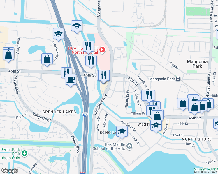 map of restaurants, bars, coffee shops, grocery stores, and more near 4445 North Congress Avenue in West Palm Beach