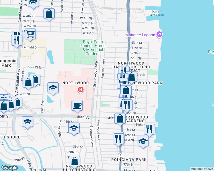 map of restaurants, bars, coffee shops, grocery stores, and more near 724 51st Street in West Palm Beach