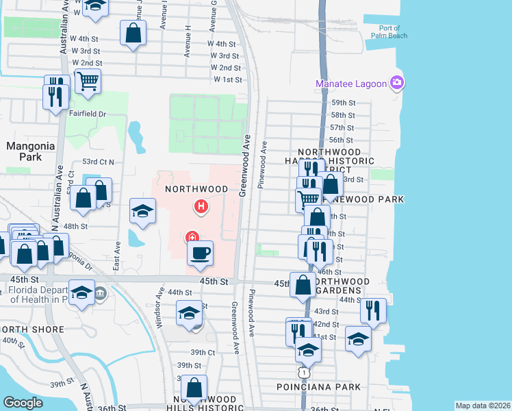 map of restaurants, bars, coffee shops, grocery stores, and more near 5101 Pinewood Avenue in West Palm Beach