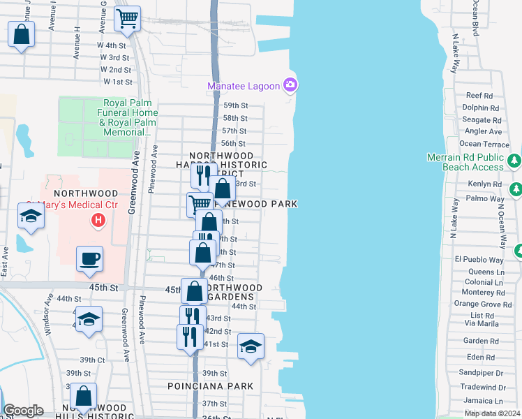 map of restaurants, bars, coffee shops, grocery stores, and more near North Flagler Drive in West Palm Beach