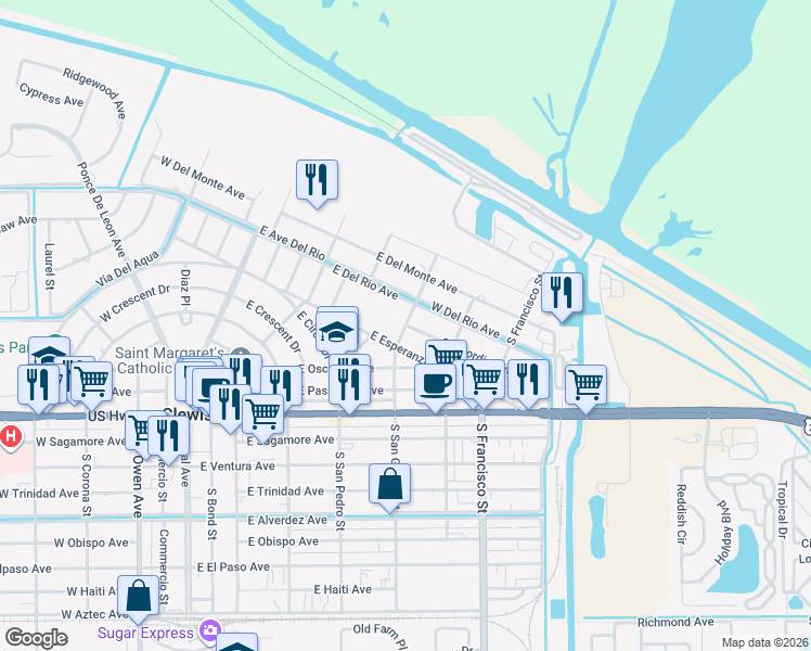 map of restaurants, bars, coffee shops, grocery stores, and more near North San Gabriel Street in Clewiston