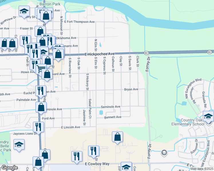 map of restaurants, bars, coffee shops, grocery stores, and more near 638 Bryan Avenue in LaBelle