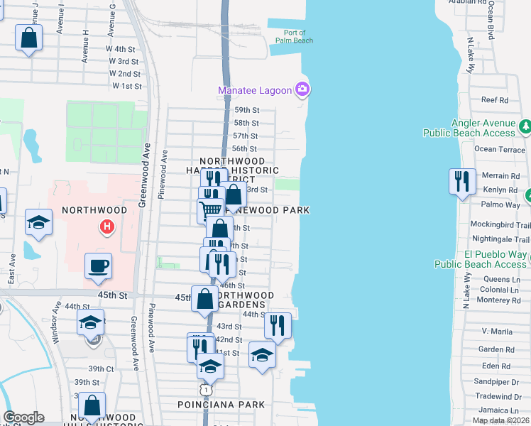 map of restaurants, bars, coffee shops, grocery stores, and more near in West Palm Beach