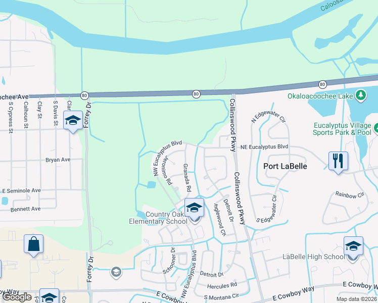 map of restaurants, bars, coffee shops, grocery stores, and more near 2006 Detroit Drive in LaBelle
