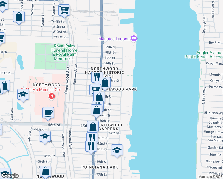 map of restaurants, bars, coffee shops, grocery stores, and more near 5208 Spruce Avenue in West Palm Beach