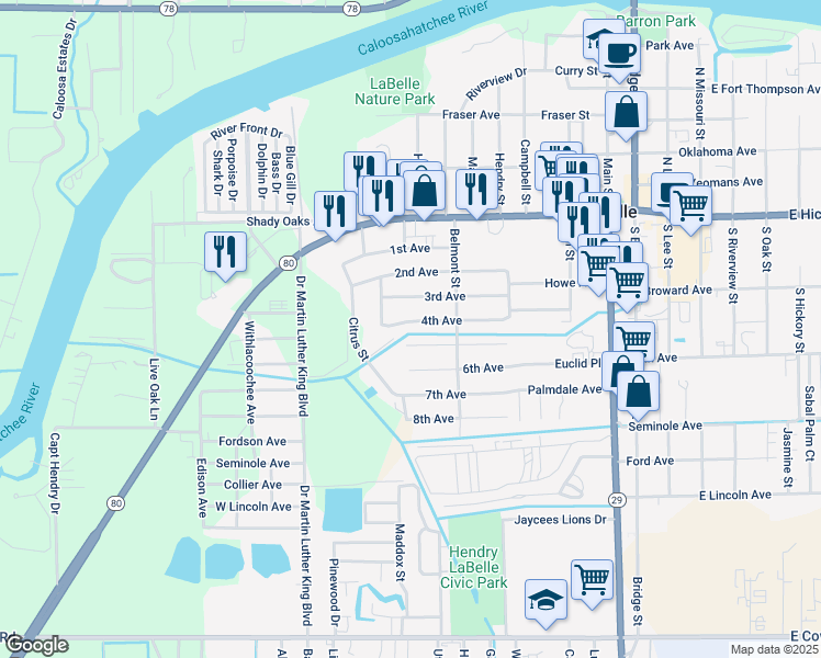 map of restaurants, bars, coffee shops, grocery stores, and more near 430 5th Avenue in LaBelle