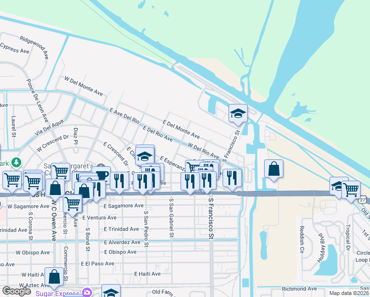 map of restaurants, bars, coffee shops, grocery stores, and more near North San Gabriel Street in Clewiston