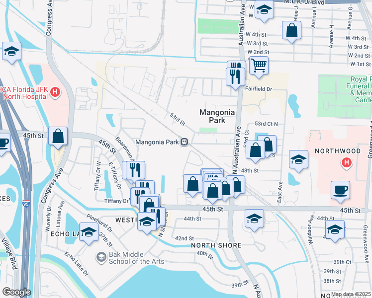 map of restaurants, bars, coffee shops, grocery stores, and more near 1415 45th Street in West Palm Beach