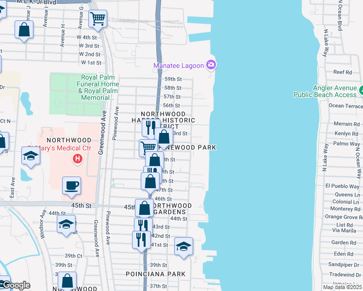 map of restaurants, bars, coffee shops, grocery stores, and more near 424 53rd Street in West Palm Beach