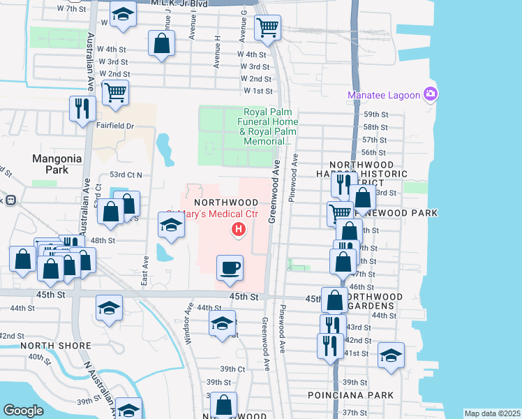 map of restaurants, bars, coffee shops, grocery stores, and more near 5205 Greenwood Avenue in West Palm Beach
