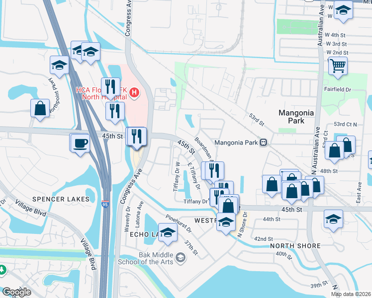 map of restaurants, bars, coffee shops, grocery stores, and more near in Mangonia Park