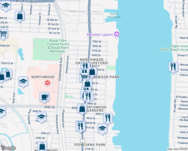 map of restaurants, bars, coffee shops, grocery stores, and more near 524 53rd Street in West Palm Beach