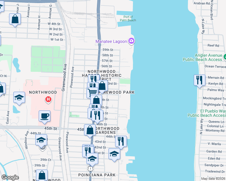 map of restaurants, bars, coffee shops, grocery stores, and more near 418 52nd Street in West Palm Beach