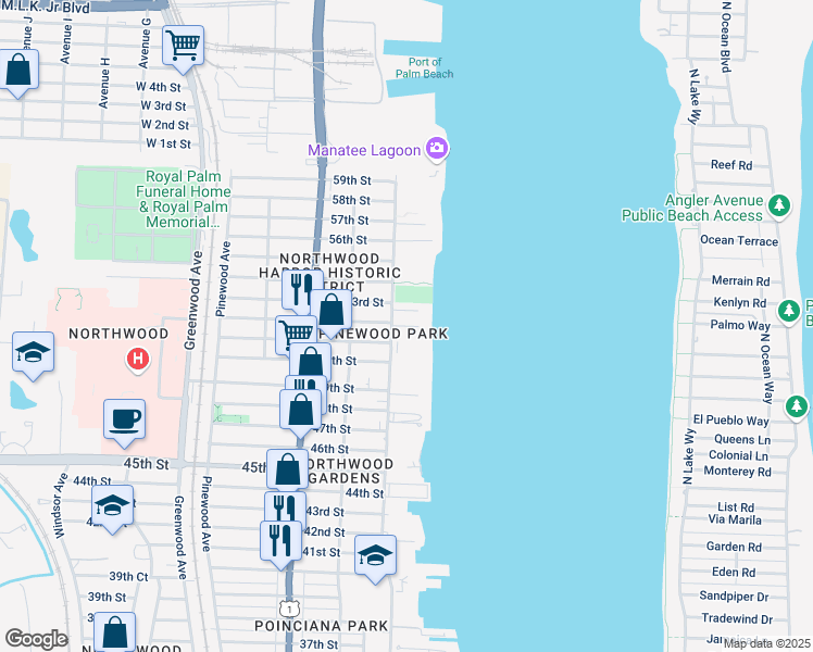 map of restaurants, bars, coffee shops, grocery stores, and more near 331 53rd Street in West Palm Beach