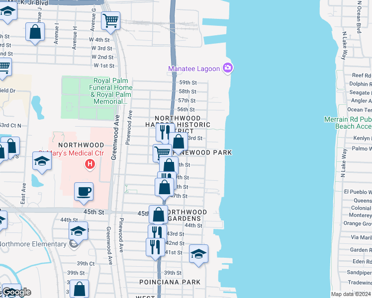 map of restaurants, bars, coffee shops, grocery stores, and more near 424 53rd Street in West Palm Beach