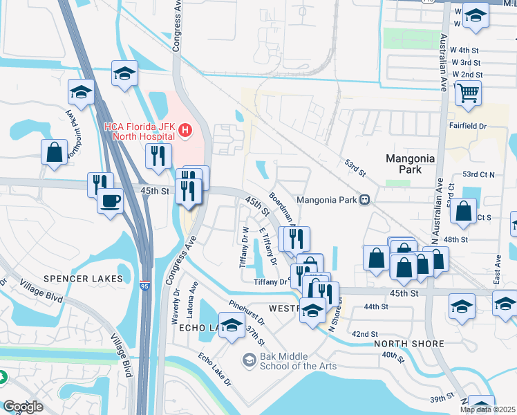 map of restaurants, bars, coffee shops, grocery stores, and more near 906 Tiffany Drive East in West Palm Beach