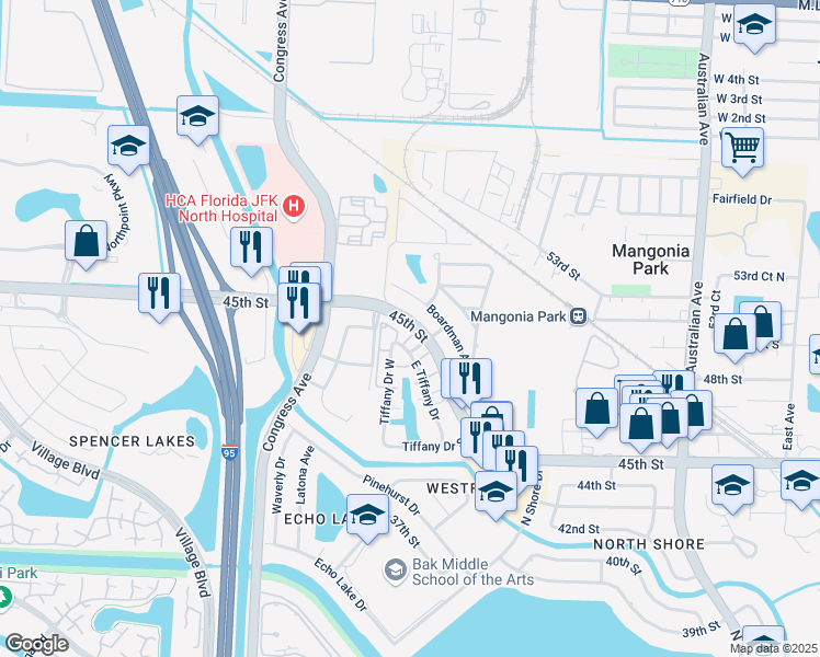 map of restaurants, bars, coffee shops, grocery stores, and more near 115 Tiffany Drive East in West Palm Beach