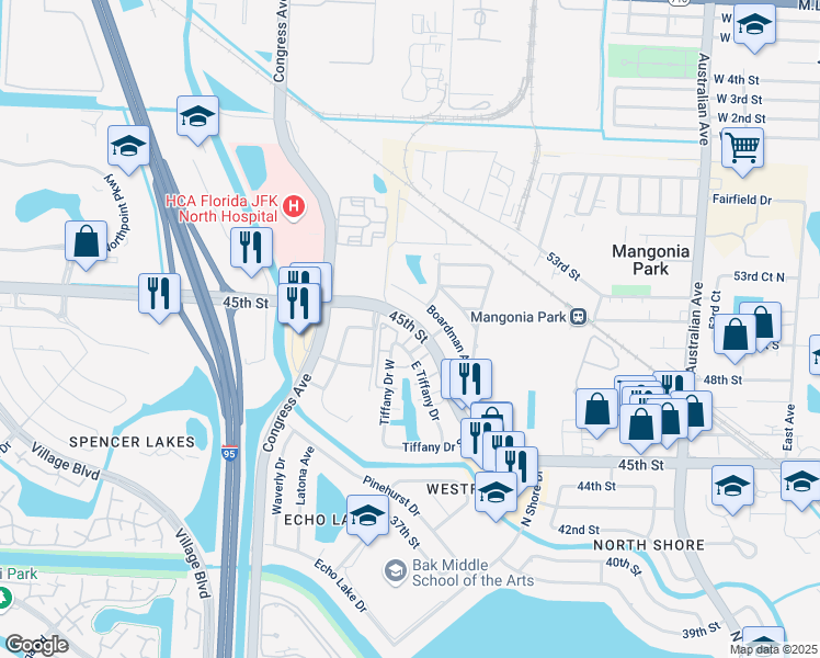 map of restaurants, bars, coffee shops, grocery stores, and more near 102 Tiffany Drive East in West Palm Beach