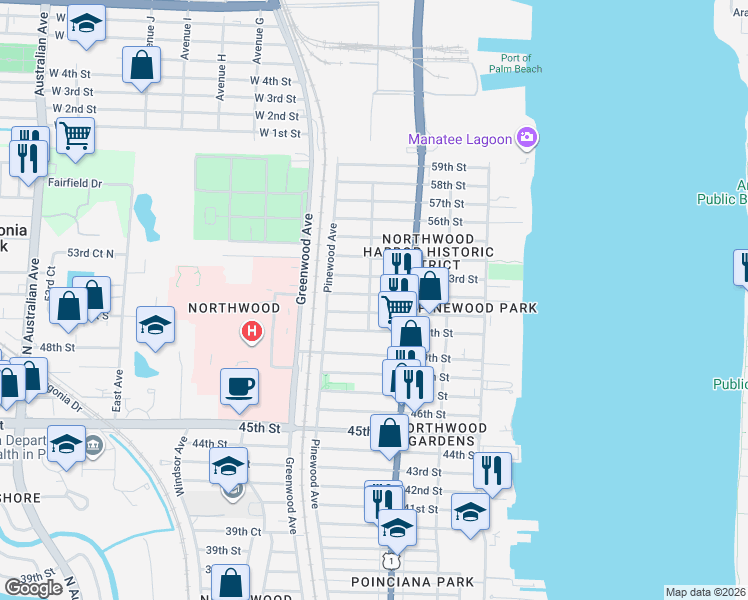 map of restaurants, bars, coffee shops, grocery stores, and more near 618 53rd Street in West Palm Beach